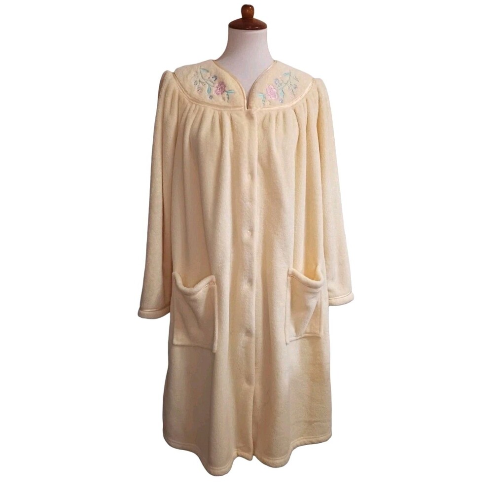 Vtg CORAL BAY Robe Housecoat Womens Large Yellow Floral Embroidery Snaps Pockets